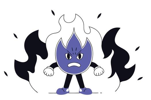 Fiery orange flame character with an intense angry facial expression in a playful cartoon style vector