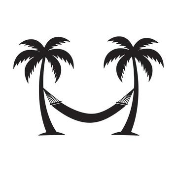 Black and white tropical scene depicting relaxing hammock between two palm trees vector