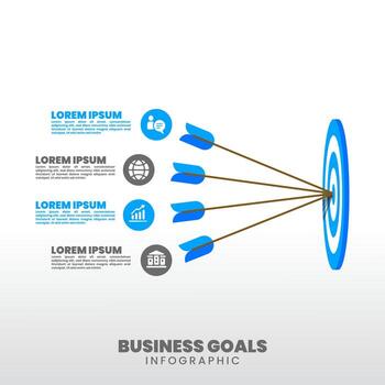Flat infographic with multiple arrows hitting a target, symbol of teamwork, focus, and goal achievement. Modern 4 steps design for business strategy and marketing. vector