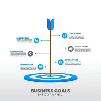 Infographic design with single arrow hitting bullseye target, extended as a vertical 6 steps timeline. Minimalist design for planning, business goals, and career growth. vector