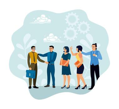 empresario gerente apretón de manos saludo y Introducción de nuevo empleados a el equipo. vector