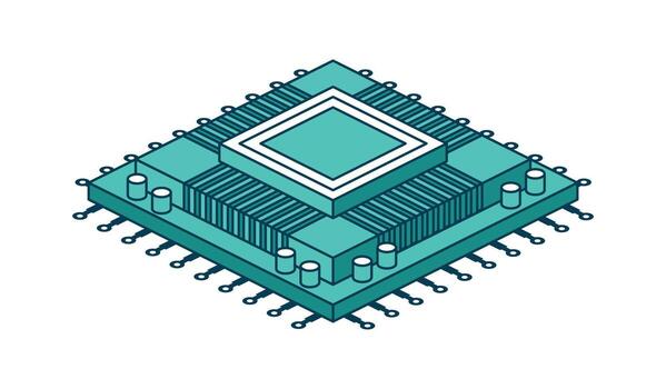 AI CPU microchip. Isometric illustration. Digital processor with circuits and components, symbolizing artificial intelligence and advanced computing technology vector
