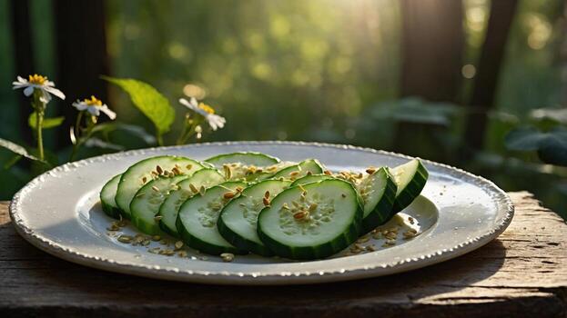 Freshly sliced cucumber on a rustic plate surrounded by nature, with sunlight filtering through trees photo