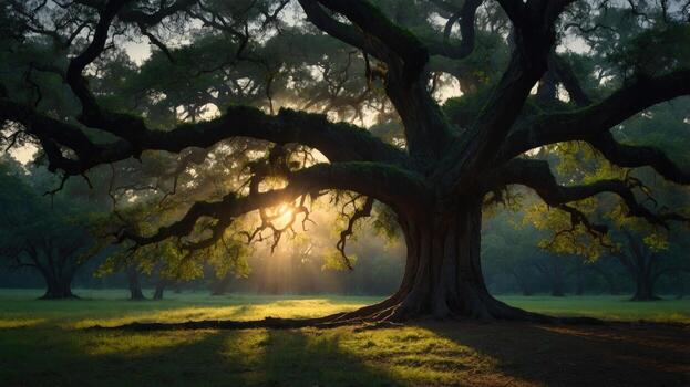 Majestic ancient tree with sprawling branches illuminated by sunlight in a serene forest setting photo