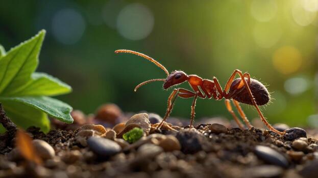 Close-up of an ant navigating through soil and pebbles with lush greenery and soft sunlight in the background photo