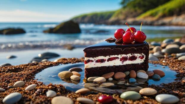 A tempting chocolate cake adorned with cherries sits on a rocky beach, with waves gently lapping in the background photo