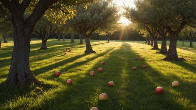 Sunlight filters through apple orchard trees, casting shadows on grass with fallen apples scattered photo