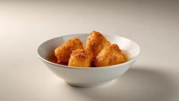 crujiente frito mochi con dulce salsa, un encantador asiático postre servido en blanco bol. foto