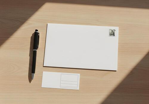 Top-down composition of envelope, stamp, pen, and mailing label on office desk surface in daylight, sharp and minimal design photo