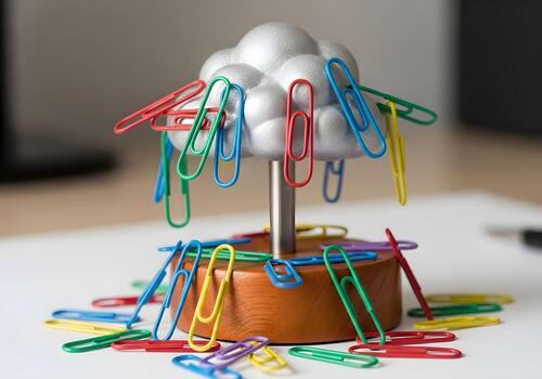 Macro close-up of paperclip holder filled with colorful clips, creative desk item photographed in clean sharp detail and minimal background photo