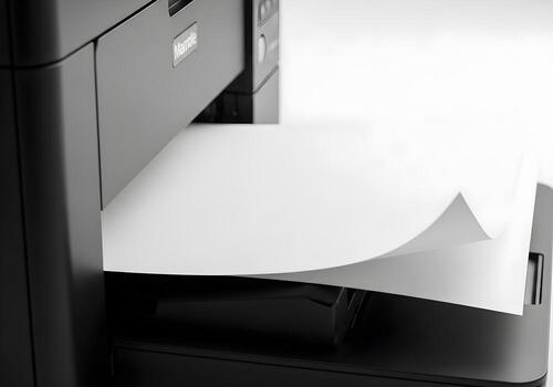 Side view of modern office printer printing blank paper, captured mid-motion with sharp focus, clean background and realistic texture photo