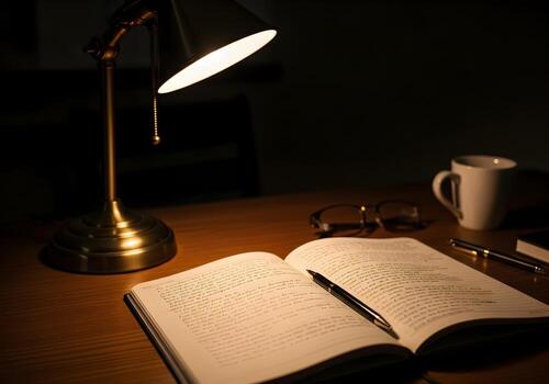 Angled view of open office notebook lit by desk lamp, casting realistic deep shadows with sharp writing lines and no human figure photo