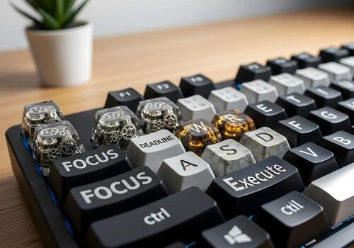 Macro view of custom keycaps on ergonomic keyboard with creative words like 'focus' and 'deadline', crisp image quality in a modern office setup photo