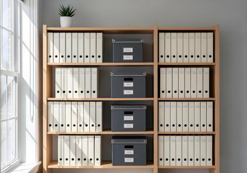 Modern office bookshelf with organized folders and storage boxes illuminated by natural light, clean and tidy minimal workspace photo