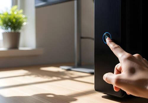 Crisp close-up of a hand reaching for a desktop computer power button, clean modern office background with sharp lighting and no blur photo