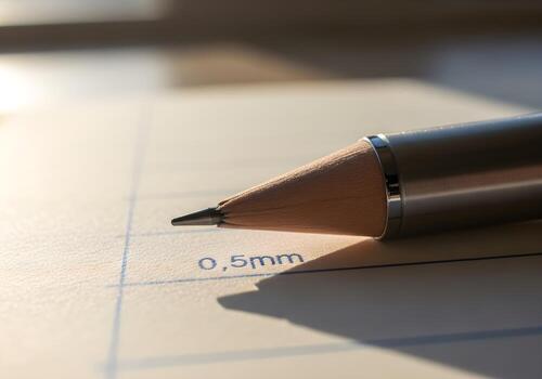 Macro close-up of mechanical pen tip on lined notebook page in office environment with soft natural daylight and high sharpness photo