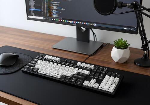 High-angle image of keyboard with labeled shortcut keys and function stickers on a clean modern office desk, ultra-detailed photo