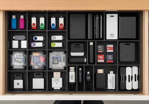 Overhead shot of tech drawer in office desk with USBs, SD cards, and hard disks arranged neatly in a grid, high clarity and clean background photo