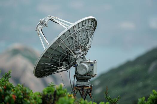 Mountain observatory with large radio telescope against clear blue sky in remote location photo