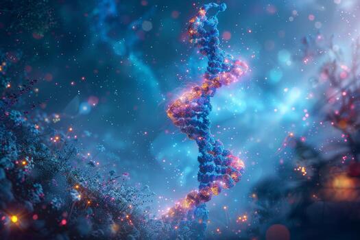 Detailed 3d dna double helix on blue background - genetic code molecule illustration photo