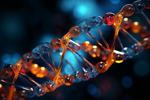 detallado 3d adn doble hélice estructura en azul fondo, genético información portador foto