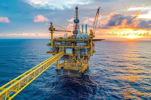 Scenic view of oil rig platform in gulf on a summer afternoon, marvel of modern technology photo