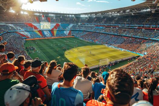 Aerial view of soccer stadium with exciting game field, colorful spectators and vibrant atmosphere photo
