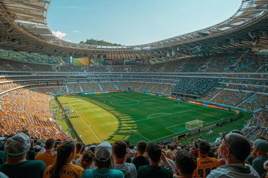 Exciting aerial view of soccer stadium with vibrant game field and colorful spectators photo