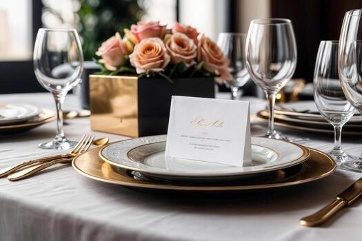 Modern Luxurious fine dining table setting elegant invitation card mockup for romantic events. Table setting with a white tablecloth, gold cutlery, wine glasses, plates, and a vase of roses photo