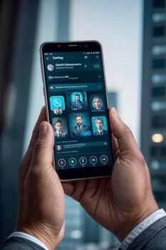 A person is holding a cell phone with a screen displaying a group of people in chat. Concept of connection and community photo
