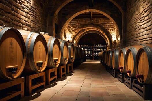 Exquisite atmosphere of a wine cellar with barrels of wine photo