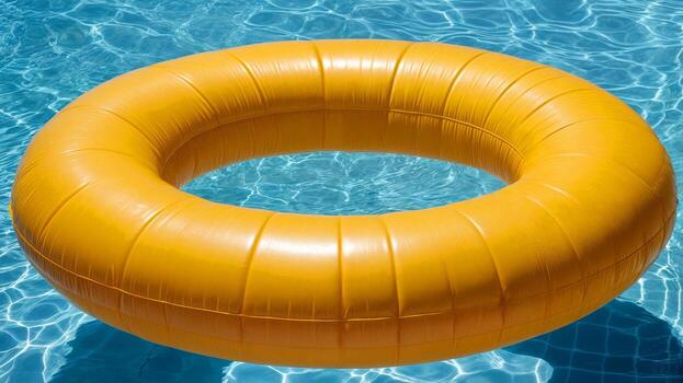 Sunny yellow pool float drifting in refreshing blue water of a serene swimming pool photo