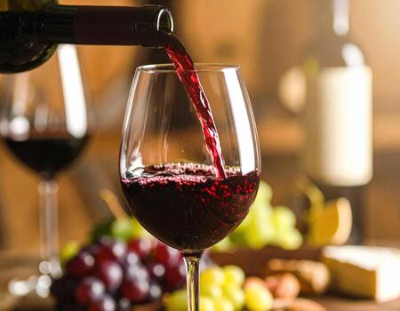 Ruby red stream of wine is gracefully poured into crystal glass, surrounded by fresh grapes and cheese, creating warm and inviting atmosphere for wine lovers photo