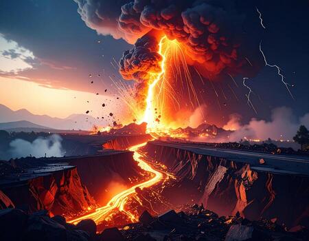 Volcanic eruption unleashes powerful display of lava, ash, and lightning, creating dramatic scene of nature fury. landscape is transformed as molten rock flows down terrain, surrounded by dark photo
