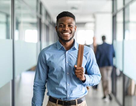 Happy young man in office corridor, smiling confidently while carrying bag. modern workspace features glass walls and professional atmosphere, reflecting positivity and ambition photo