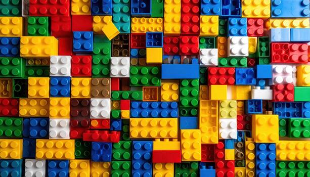 Colorful plastic building blocks arranged in random pattern, creating vibrant and playful scene with bright primary colors and various shapes photo