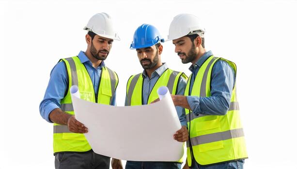 Construction workers review blueprints, showcasing teamwork and collaboration on project site. Their safety gear emphasizes importance of safety in construction environments photo