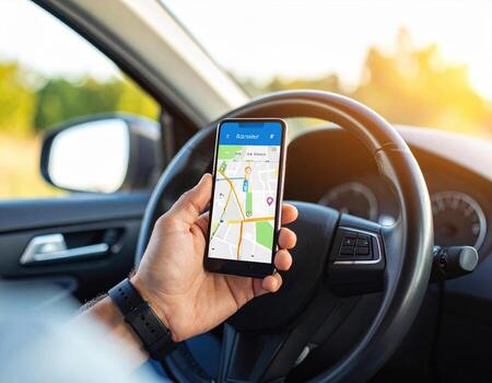 Driver hand holds smartphone displaying navigation app while steering car, showcasing modern technology in transportation. warm sunlight enhances scene inviting atmosphere photo
