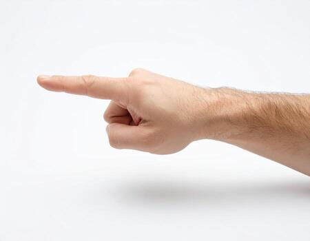 A hand pointing at something on a white background photo