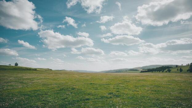 Vast green field under a bright sky with fluffy clouds photo