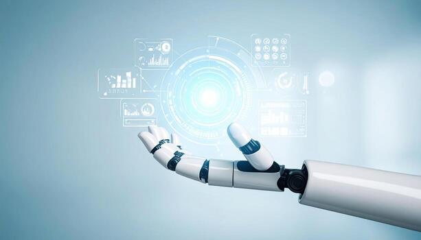 Futuristic robotic hand reaching out, displaying digital data and graphs, symbolizing technology and innovation in automation and artificial intelligence photo