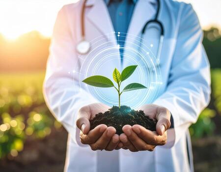 Healthcare professional holds small plant in their hands, surrounded by glowing digital elements, symbolizing innovation and care in field of health and nature photo