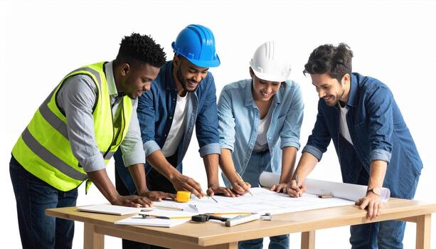 Collaborative team of construction professionals reviewing blueprints and plans on table, showcasing teamwork and planning in bright, modern workspace photo