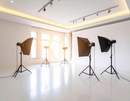 Minimalist white space bathed in warm glow of professional lighting, featuring multiple softbox lights on stands, creating inviting atmosphere for photography photo