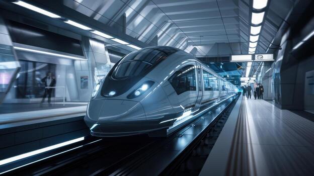 Futuristic high-speed train in a modern subway station with blurred motion effect. photo