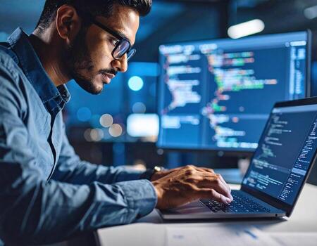 A man in glasses is working on a laptop computer photo