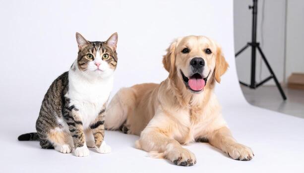 Golden retriever dog and tabby cat sit together, showcasing their playful personalities and friendship in studio setting photo