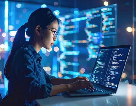 Focused tech enthusiast engrossed in coding, working on sleek laptop with lines of code visible on screen, set against backdrop of digital displays photo