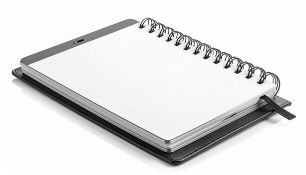 Sleek, modern notebook with spiral binding and leather cover, perfect for jotting down notes or sketches. Its clean, blank pages invite creativity and organization photo