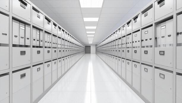 Modern archive room featuring rows of organized filing cabinets, creating clean and efficient workspace. bright lighting enhances spacious feel, promoting sense of order and productivity photo